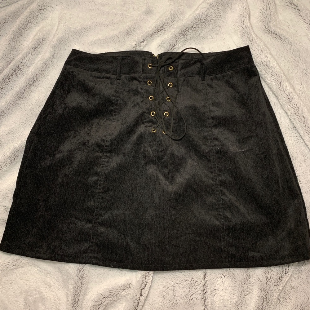 Lace up black corduroy skirt